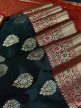 Bottle Green with Red Pallu Banarasi saree in banarasi soft silk with weaved buttas with red pallu & maroon borders — Kaash Collection