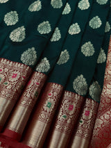 Bottle Green with Red Pallu Banarasi saree in banarasi soft silk with weaved buttas with red pallu & maroon borders — Kaash Collection