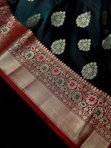Bottle Green with Red Pallu Banarasi saree in banarasi soft silk with weaved buttas with red pallu & maroon borders — Kaash Collection