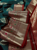 Bottle Green with Red Pallu Banarasi saree in banarasi soft silk with weaved buttas with red pallu & maroon borders — Kaash Collection