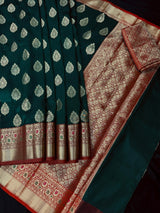 Bottle Green with Red Pallu Banarasi saree in banarasi soft silk with weaved buttas with red pallu & maroon borders — Kaash Collection