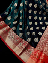 Bottle Green with Red Pallu Banarasi saree in banarasi soft silk with weaved buttas with red pallu & maroon borders — Kaash Collection