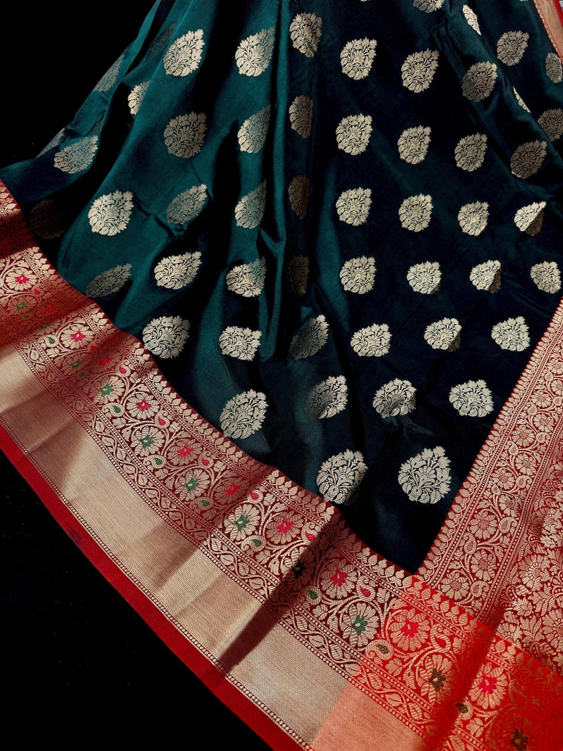 Bottle Green with Red Pallu Banarasi saree in banarasi soft silk with weaved buttas with red pallu & maroon borders — Kaash Collection
