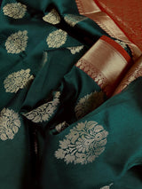 Bottle Green with Red Pallu Banarasi saree in banarasi soft silk with weaved buttas with red pallu & maroon borders — Kaash Collection
