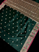 Handmade Bottle Green Color Soft Banarasi Silk Saree - Kaash