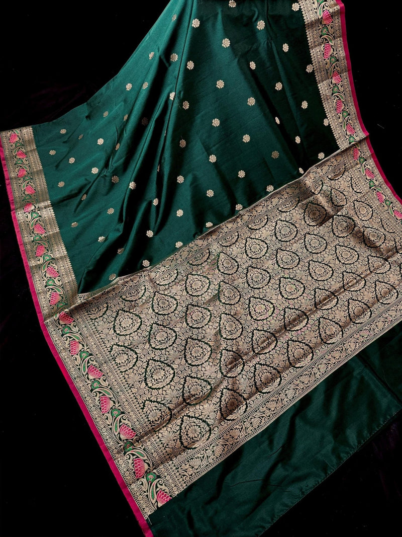 Handmade Bottle Green Color Soft Banarasi Silk Saree - Kaash