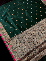 Handmade Bottle Green Color Soft Banarasi Silk Saree - Kaash