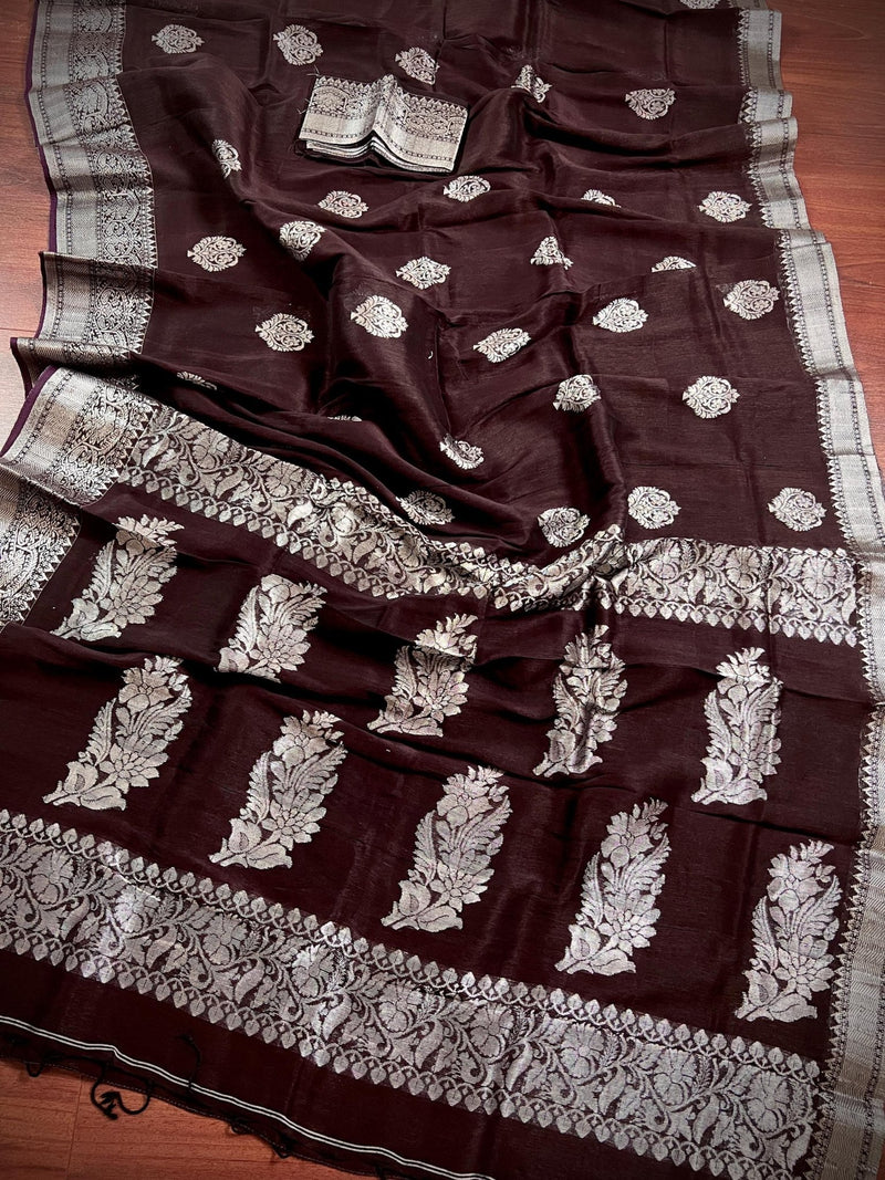 Chocolate Brown Linen Cotton Silk saree in linen blend cotton silk with silver zari weave on linen cotton silk — Kaash Collection