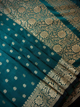 Dark Teal Green Banarasi saree in soft silk with muted gold resham zari weave — Kaash Collection