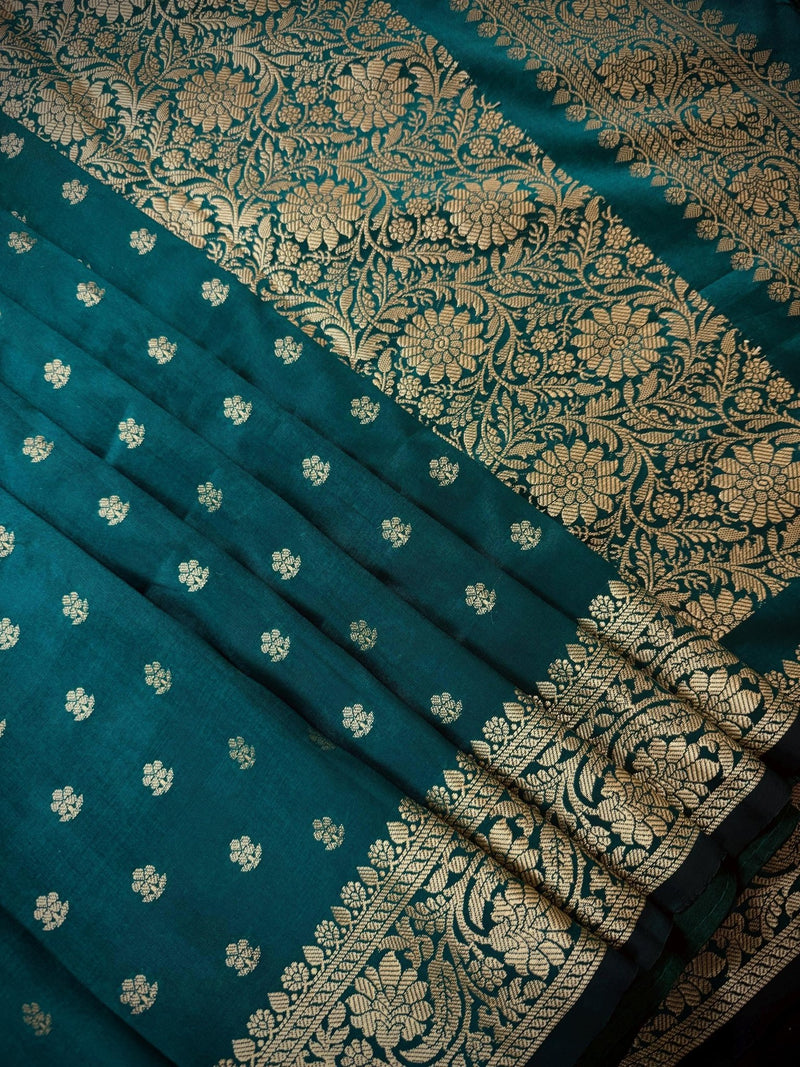 Dark Teal Green Banarasi saree in soft silk with muted gold resham zari weave — Kaash Collection