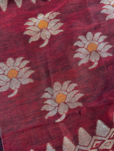 Deep Maroon Banarasi saree in bengal linen with muted gold zari with meenakari floral — Kaash Collection