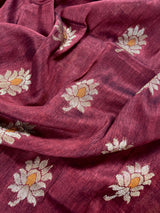 Deep Maroon Banarasi saree in bengal linen with muted gold zari with meenakari floral — Kaash Collection