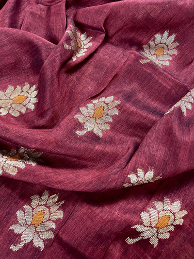 Deep Maroon Banarasi saree in bengal linen with muted gold zari with meenakari floral — Kaash Collection