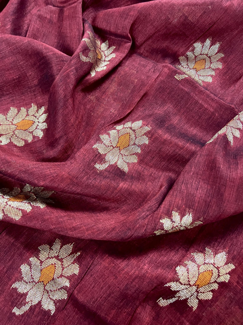 Deep Maroon Banarasi saree in bengal linen with muted gold zari with meenakari floral — Kaash Collection
