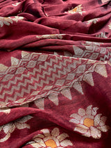 Deep Maroon Banarasi saree in bengal linen with muted gold zari with meenakari floral — Kaash Collection