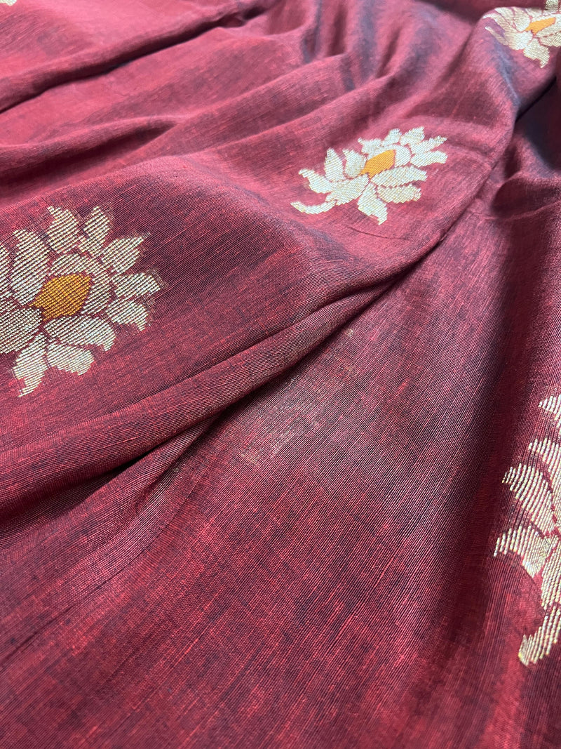 Handmade Deep Maroon Color Saree in Bengal Linen with Muted Gold Zari and Meenakari - Kaash