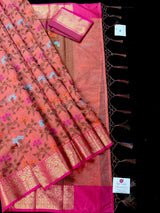Handmade Deep Peach Color Banarasi Atlifi Saree with Antique Zari Weave Work - Kaash