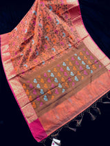 Handmade Deep Peach Color Banarasi Atlifi Saree with Antique Zari Weave Work - Kaash