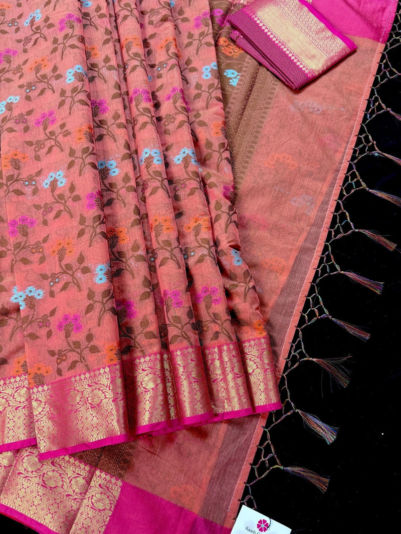 Handmade Deep Peach Color Banarasi Atlifi Saree with Antique Zari Weave Work - Kaash
