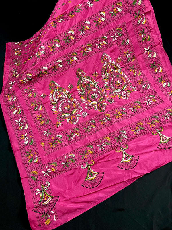 Handmade Deep Pink Color Kantha Saree - Bangalori Silk Saree - Handwoven Kantha Stitch Sarees - Multi Color - Kantha Stitch Silk Saree - Kaash