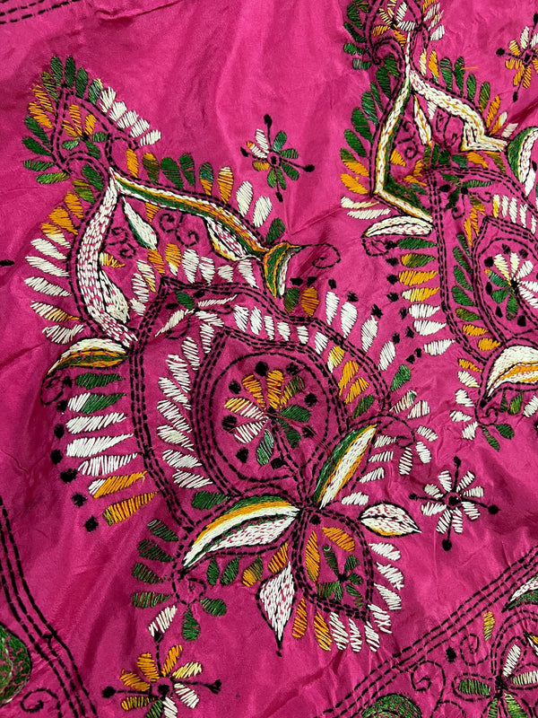 Handmade Deep Pink Color Kantha Saree - Bangalori Silk Saree - Handwoven Kantha Stitch Sarees - Multi Color - Kantha Stitch Silk Saree - Kaash