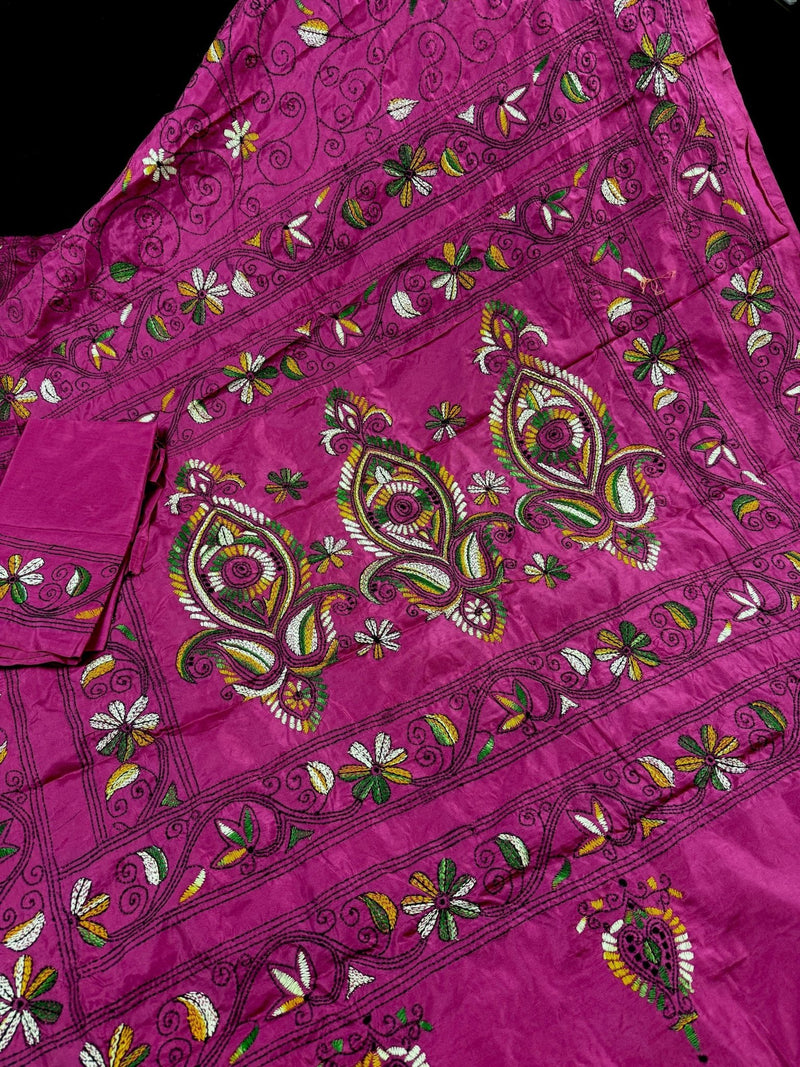 Deep Pink hand Kantha stitch saree on Bangalori silk — Kaash Collection