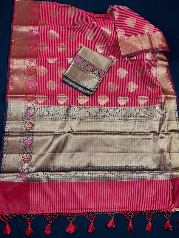 Handmade Dual Shade of Pink Maheshwari handloom Cotton Silk Saree with Antique Gold Zari Weave with Banarasi Borders | Stripe Saree - Kaash