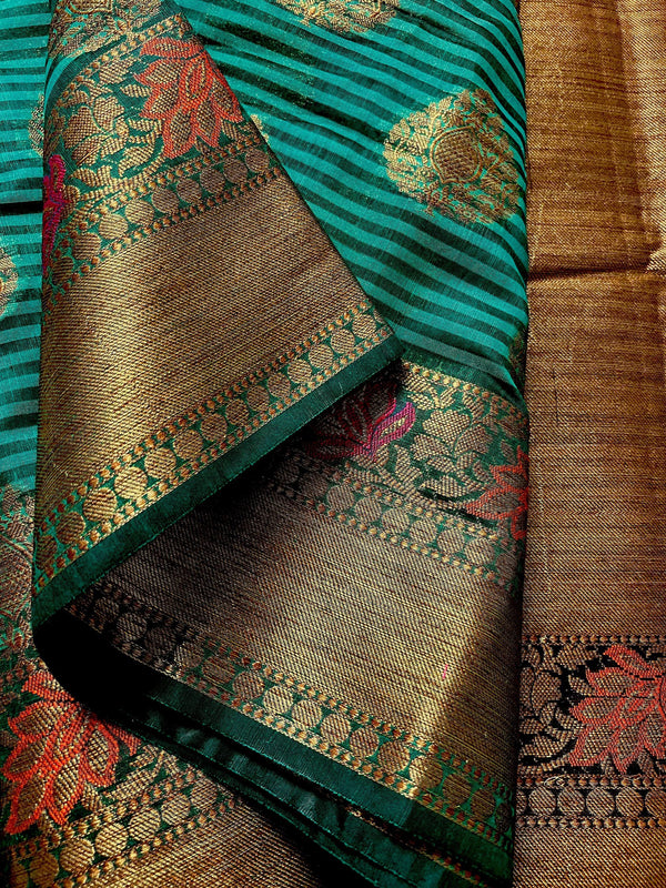 Handmade Dual Shade of Teal Green Maheshwari Handloom Cotton Silk Saree with Antique Gold Zari Weave with Banarasi Borders | Stripe Saree - Kaash