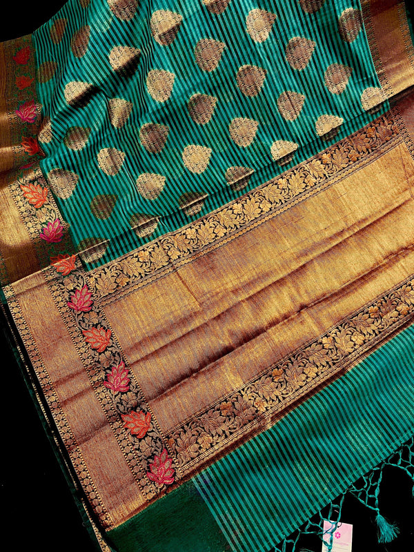 Handmade Dual Shade of Teal Green Maheshwari Handloom Cotton Silk Saree with Antique Gold Zari Weave with Banarasi Borders | Stripe Saree - Kaash