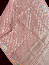 Handmade Dusty Pink Color Soft Banarasi Kora Silk Saree with Muted Gold Zari Weave and Floral Embroidery - Kaash
