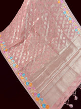 Handmade Dusty Pink Color Soft Banarasi Kora Silk Saree with Muted Gold Zari Weave and Floral Embroidery - Kaash