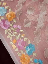 Handmade Dusty Pink Color Soft Banarasi Kora Silk Saree with Muted Gold Zari Weave and Floral Embroidery - Kaash