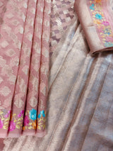 Handmade Dusty Pink Color Soft Banarasi Kora Silk Saree with Muted Gold Zari Weave and Floral Embroidery - Kaash