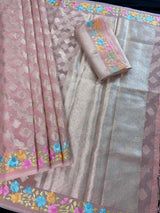 Handmade Dusty Pink Color Soft Banarasi Kora Silk Saree with Muted Gold Zari Weave and Floral Embroidery - Kaash