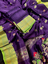 Eggplant Purple & Green Linen Cotton Silk saree in linen blend cotton silk with zari weaving with meenakari work — Kaash Collection