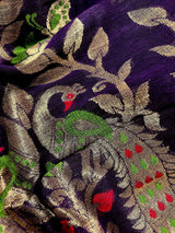 Eggplant Purple & Green Linen Cotton Silk saree in linen blend cotton silk with zari weaving with meenakari work — Kaash Collection
