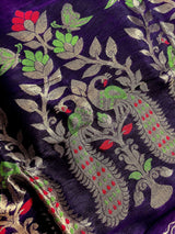 Eggplant Purple & Green Linen Cotton Silk saree in linen blend cotton silk with zari weaving with meenakari work — Kaash Collection