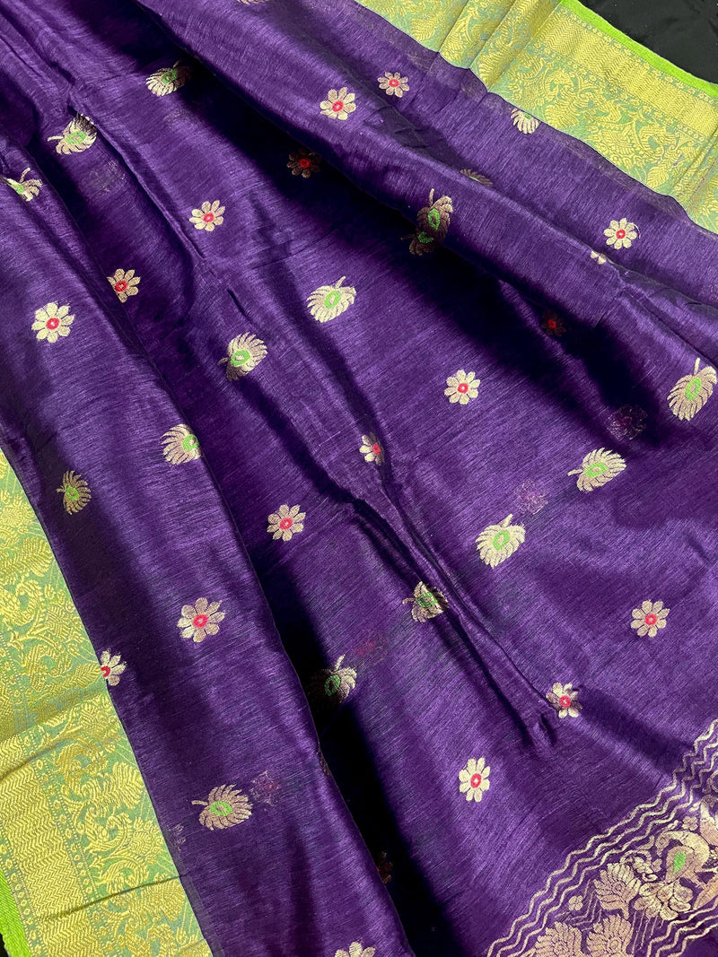 Handmade Eggplant Purple and Green Color Linen blend with Cotton Silk Handloom Saree with Zari Weave and Meenakari - Kaash