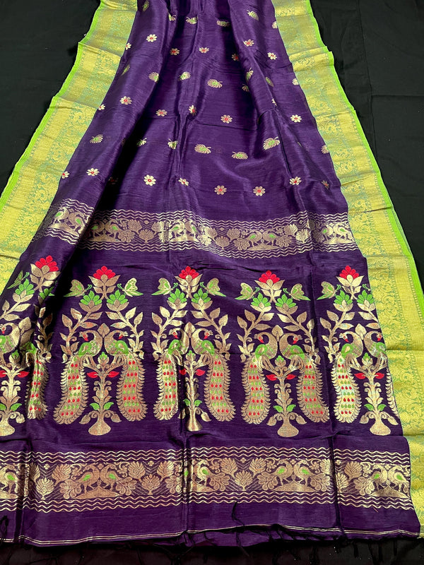 Handmade Eggplant Purple and Green Color Linen blend with Cotton Silk Handloom Saree with Zari Weave and Meenakari - Kaash