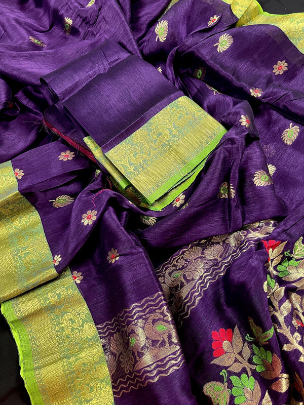 Handmade Eggplant Purple and Green Color Linen blend with Cotton Silk Handloom Saree with Zari Weave and Meenakari - Kaash