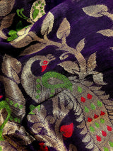 Handmade Eggplant Purple and Green Color Linen blend with Cotton Silk Handloom Saree with Zari Weave and Meenakari - Kaash