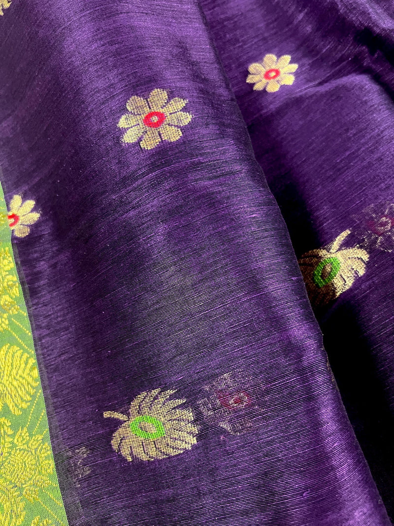 Handmade Eggplant Purple and Green Color Linen blend with Cotton Silk Handloom Saree with Zari Weave and Meenakari - Kaash