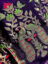 Handmade Eggplant Purple and Green Color Linen blend with Cotton Silk Handloom Saree with Zari Weave and Meenakari - Kaash