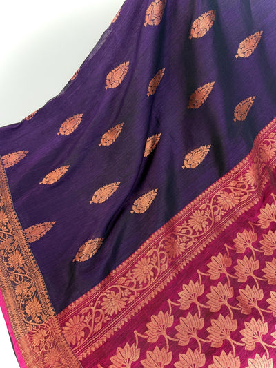 Handmade Eggplant Purple Color Saree in Linen Jamdani Saree with Copper Zari Weave - Kaash
