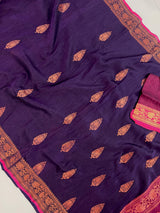 Handmade Eggplant Purple Color Saree in Linen Jamdani Saree with Copper Zari Weave - Kaash