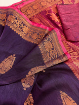 Handmade Eggplant Purple Color Saree in Linen Jamdani Saree with Copper Zari Weave - Kaash