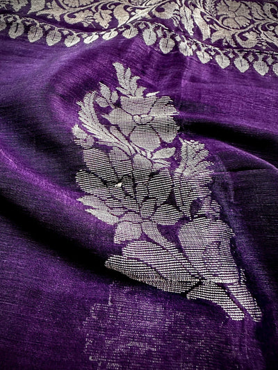 Eggplant Purple Linen Silk saree in linen blend cotton silk with silver zari weave on linen cotton silk — Kaash Collection