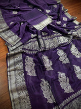 Eggplant Purple Linen Silk saree in linen blend cotton silk with silver zari weave on linen cotton silk — Kaash Collection