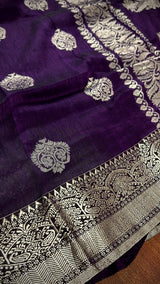 Eggplant Purple Linen Silk saree in linen blend cotton silk with silver zari weave on linen cotton silk — Kaash Collection
