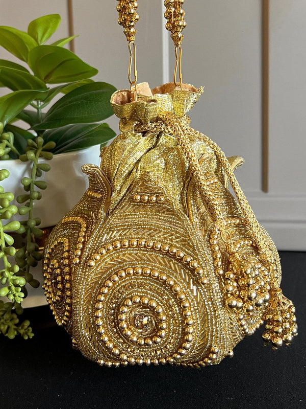 Handmade, Embellished Lotus Potli Bag | Gold Potli Bag | Gold Beaded Studded Sequin Clutch | Party Clutch Sling | Wedding Purse in Gold - Kaash